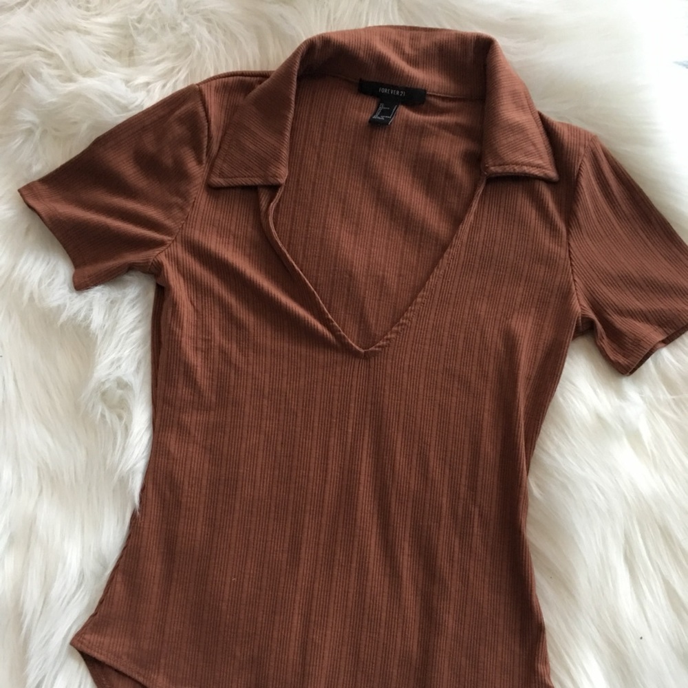 Brown Collar Ribbed Bodysuit